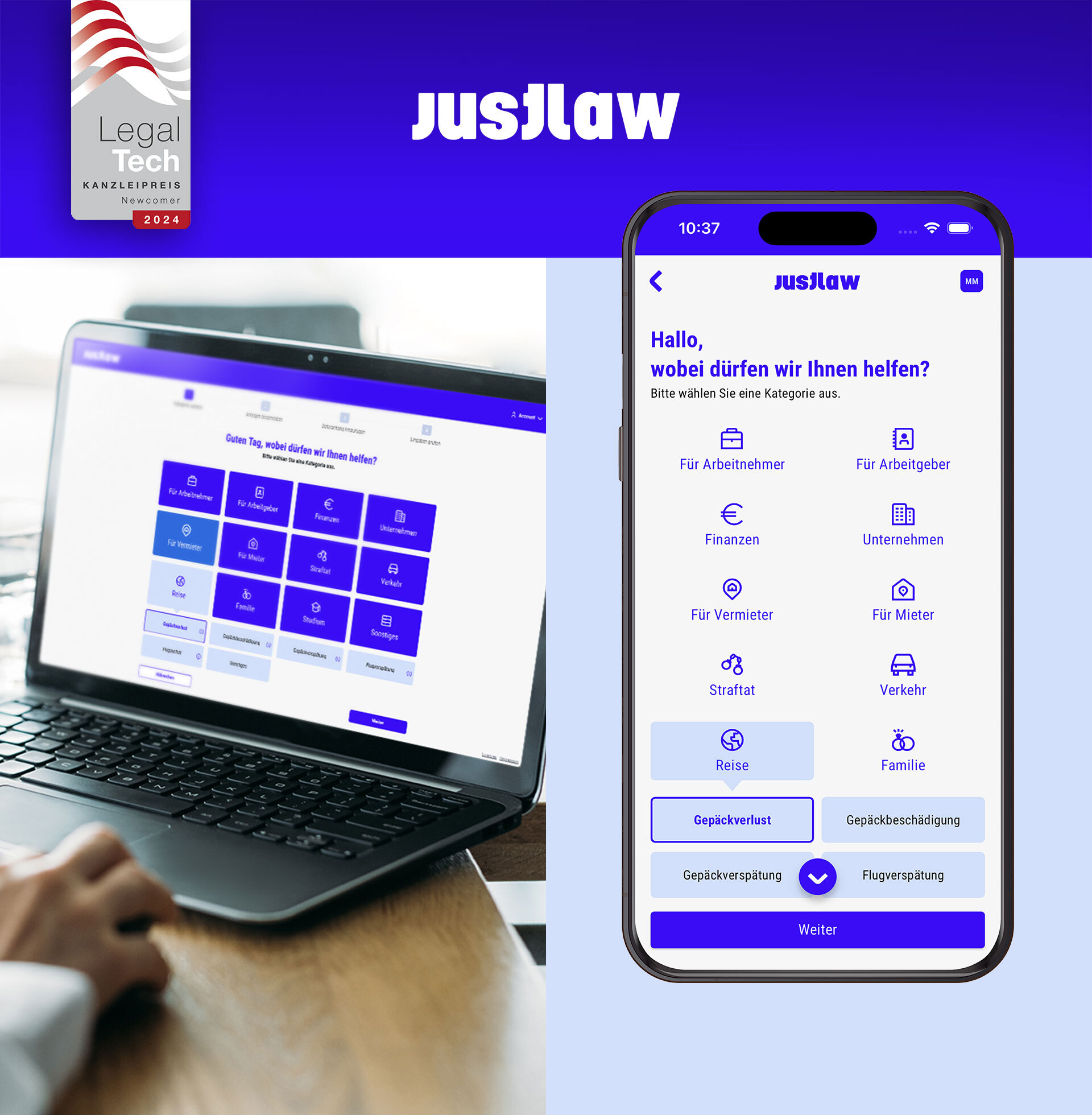 Rechtsfälle digital bearbeiten lassen mit der Online-Kanzlei JUSTLAW | cosee Image